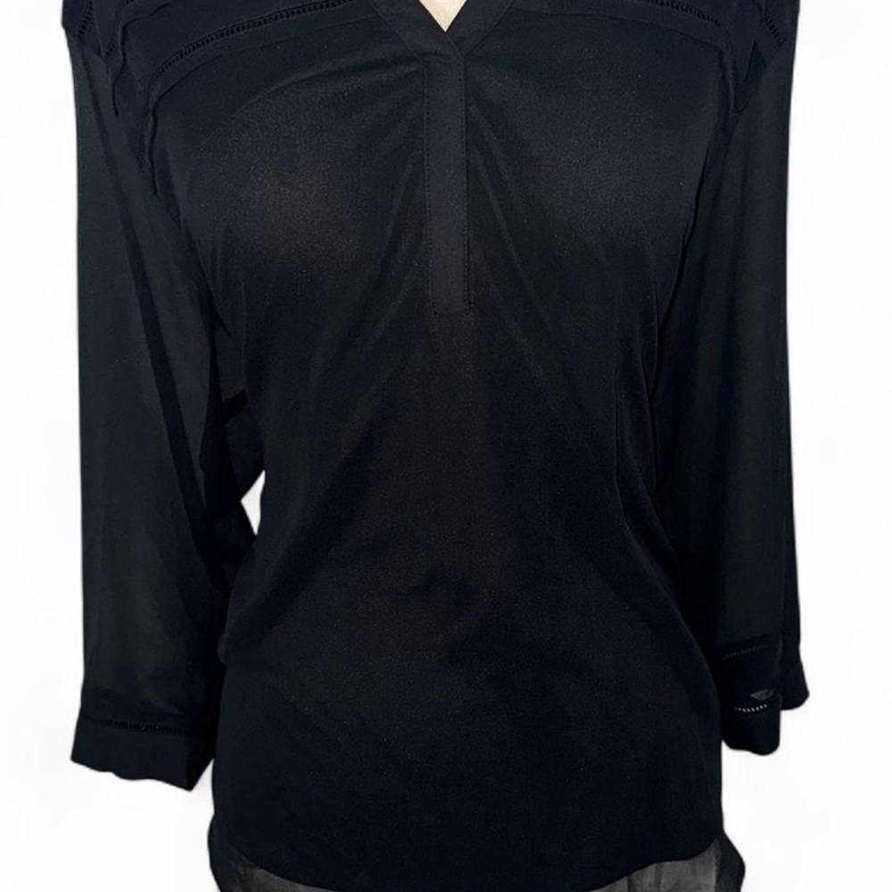 Charter Club Black Relaxed Blouse with Notched Collar and Cuffed Sleeves